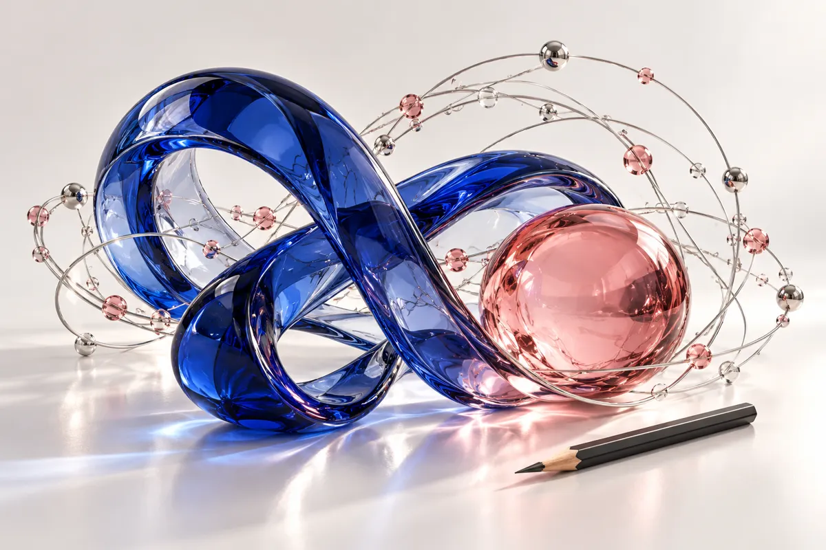 Original glass sculpture combining cobalt ribbons, a rose orb, and fine data-like strands with a pencil